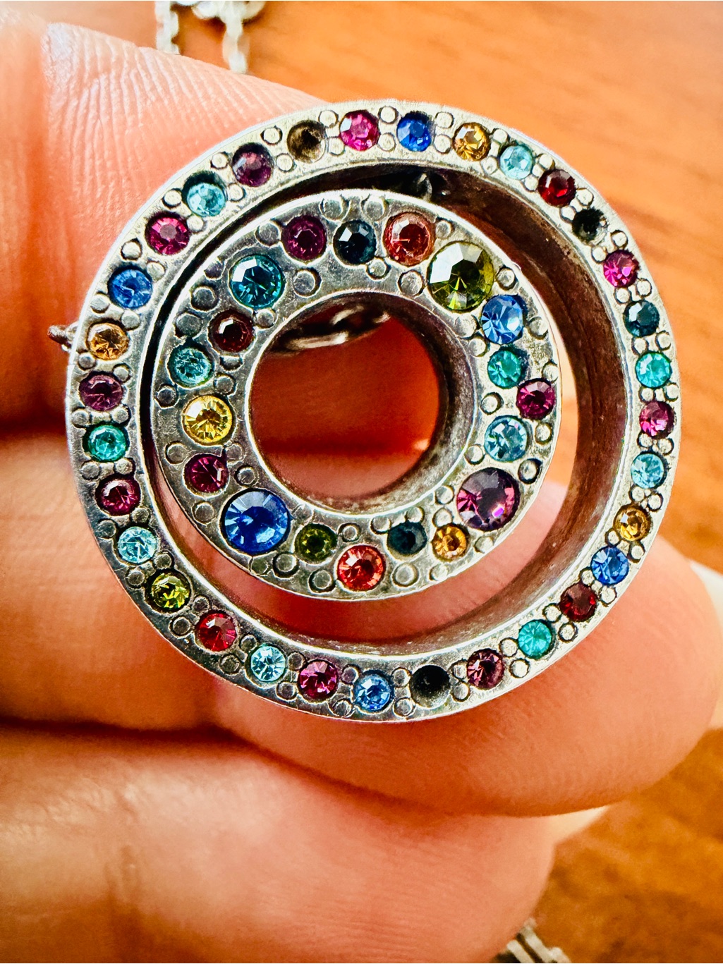 Unique Vintage Double Ring Silver And Pewter Necklace With Multicolor Crystals